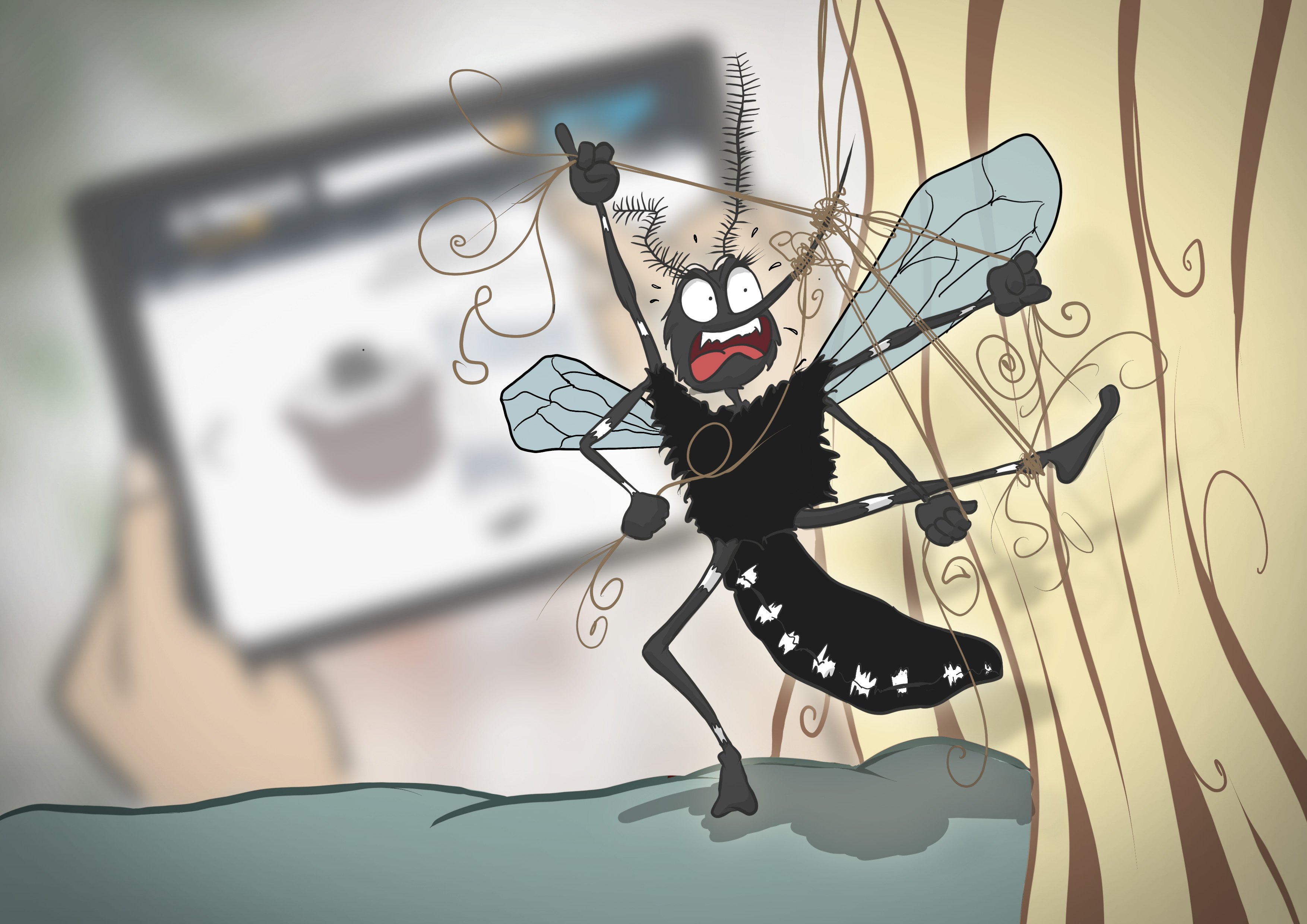 Cartoon of a mosquito which is tangled with hair because she is afraid of Biogents mosquito traps sold on Amazon Prime Day 2020